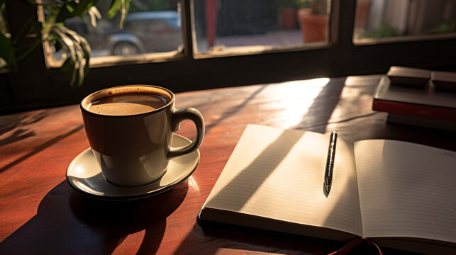 on a wooden table there is a cup of coffee and an open notebook with a pen on it, and beautiful sunlight falls from the window in front of the table