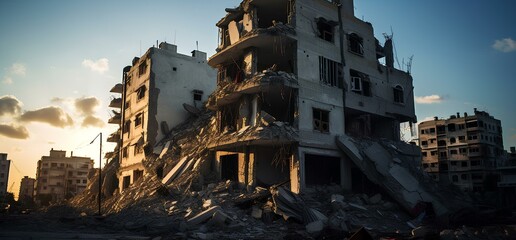 Destroyed buildings and houses, grief and devastation due to military conflicts. - obrazy, fototapety, plakaty