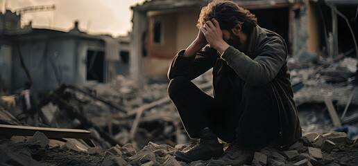 A crying man on the background of destroyed buildings, grief and devastation among the civilian population due to military conflicts. - obrazy, fototapety, plakaty