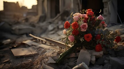 Flowers on the ruins of a building in the city, The military conflict of the countries leads to devastation, countless victims and suffering of the civilian population.