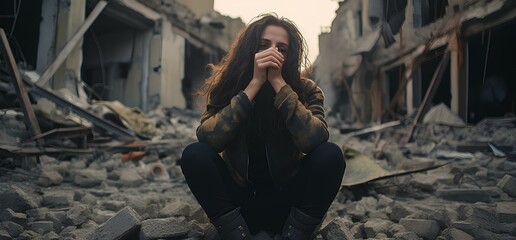A crying woman on the background of destroyed buildings, grief and devastation among the civilian population due to military conflicts. - obrazy, fototapety, plakaty