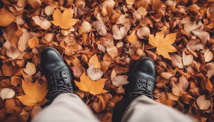 Conceptual image of legs in boots on the autumn leaves. Feet shoes walking in nature - obrazy, fototapety, plakaty
