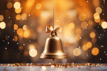 Hanging golden Christmas bell with ribbon bow and some golden confetti, snow and shimmering lights
