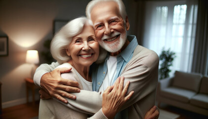 Blissful Elderly Couple Embracing in Warm Living Room