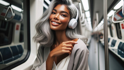 Radiant Biracial Model with Gray Hair in Urban Metro