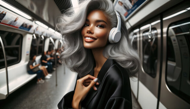 Radiant Biracial Model With Gray Hair In Urban Metro