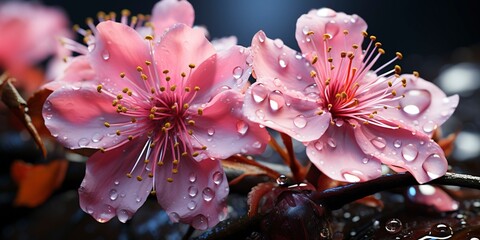 Pink cherry blossom flowers with dew moisture. Almond blossom or sakura flowers macro with droplets of water.