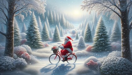 Santa Claus Cycling Through a Winter Wonderland