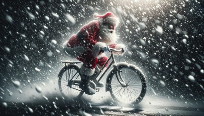 Illustration of Determined Santa Claus Pedaling Through a Snowstorm
