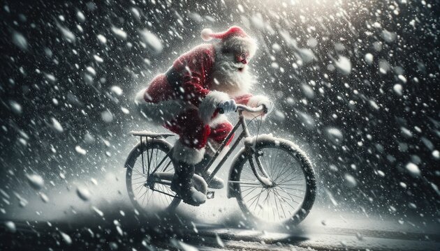Illustration of Determined Santa Claus Pedaling Through a Snowstorm
