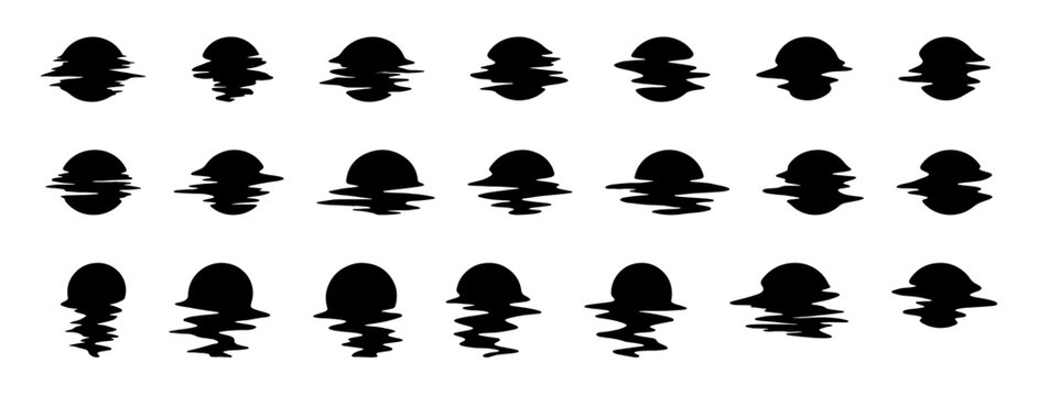 Large set with black sun on white background. Reflection of the sun in the water or wave. Glitch. Sunset and dawn.