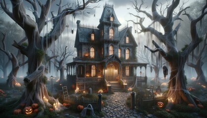 Fototapeta na wymiar Enchanting Halloween Haunted House with Eerie Candlelight