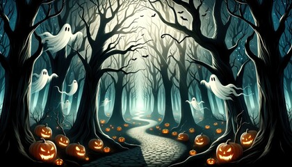 Enchanting Halloween Forest with Ghostly Apparitions and Glowing Pumpkins