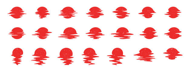 Large set with red sun on white background. Reflection of the sun in the water or wave. Glitch. Sunset and dawn.