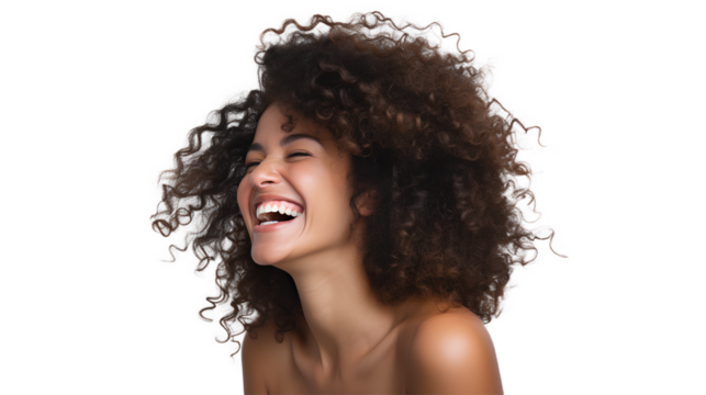 Happy Dark Skinned Woman with curly hair standing. Isolated on Transparent background.