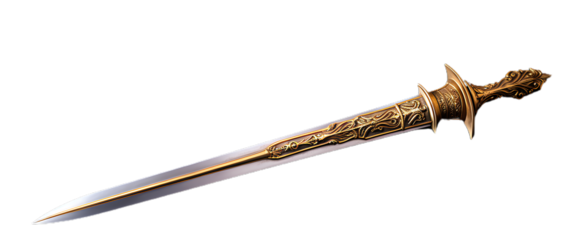 Full Golden Old Sword. Isolated on Transparent background.