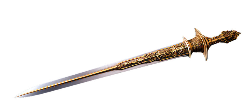 Full Golden Old Sword. Isolated on Transparent background.