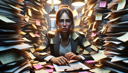 Overwhelmed Female Office Worker Amid Sticky Note Chaos - obrazy, fototapety, plakaty