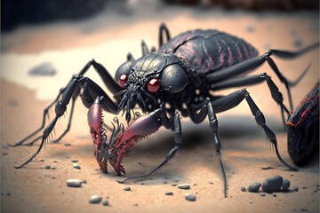 large black shiny windged fantasy insects with very large jaws eating a dead bipedal creature with red liquid all over them and the ground gross photo realistic extremely detailed depth of field 