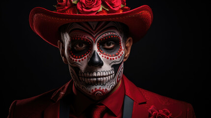 Man in spooky skeleton makeup on red background, Day of Dead.