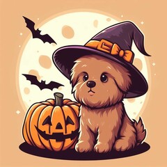 Cute dog in witch hat with pumpkin and bats. Halloween illustration.