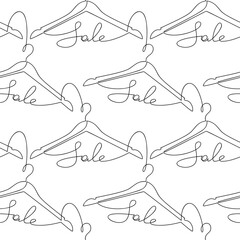Clothes hanger line continuous icon. Seamless pattern vector. Sale text, hand writing, lettering. Graphic background  illustration, wallpaper, print, showroom, shop banner, card, discount brochure.