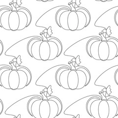 Vector pumpkin seamless pattern. Halloween greeting card. Hand drawn outline doodle background. Graphic cartoon print, banner, holiday poster, carnival party invitation. Autumn seasonal illustration.