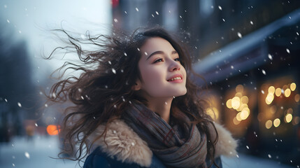 Snowfall Joy: Energetic Girl with Flowing Hair, Delighting in Snowflakes. Winter, Christmas content.