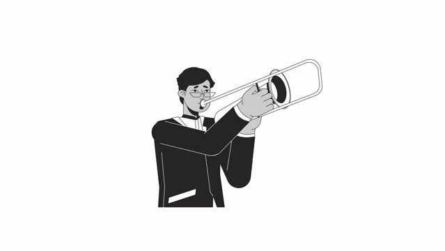 Eyeglasses indian man playing trombone bw outline 2D character animation. Jazz instrumentalist monochrome linear cartoon 4K video. Trombonist guy animated person isolated on white background
