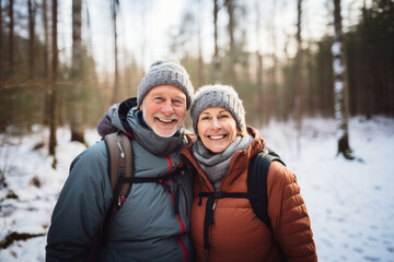 Fototapeta premium Senior couple while winter hiking, filled with wonder at the beauty of nature during their active retirement