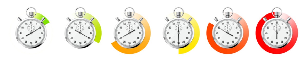 Realistic classic stopwatch. Shiny metal chronometer, time counter with dial. Colorful countdown timer showing minutes and seconds. Time measurement for sport, start and finish. Vector illustration