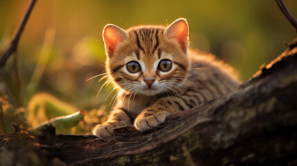 Rusty-spotted cat stalking her prey in Ceylon nature with one front paw raised. Small cat from wild Sri lanka keeps looking with his front paw lifted off the ground. Prionailurus rubiginosus phillipsi