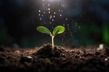 Young green tree plant sprout growing up from the black soil. Growth new life concept. - obrazy, fototapety, plakaty