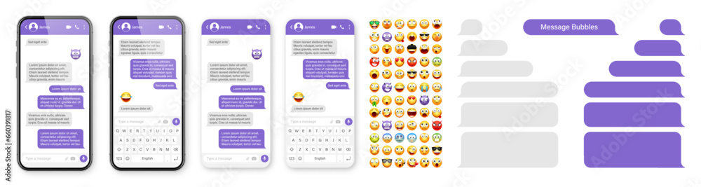 Fototapete smartphone messaging app, user interface design with emoji. sms text frame. chat screen with violet 