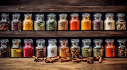 Assorted spices in glass jars. Home storage of spices.