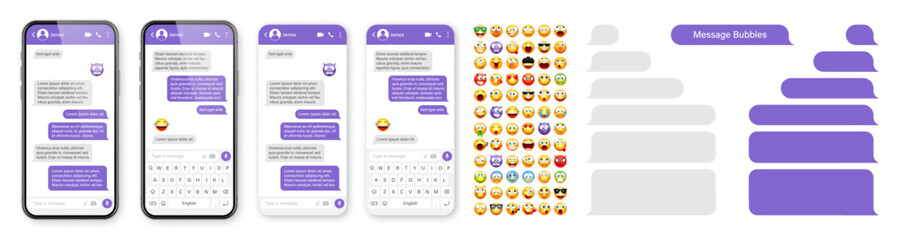 Smartphone messaging app, user interface design with emoji. SMS text frame. Chat screen with violet message bubbles. Texting app for communication. Social media application. Vector illustration