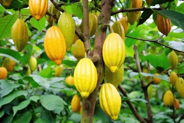 Cacao group pod on green leaf tree background