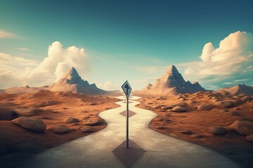 Surreal landscape with split road and signpost arrows, offering left and right direction options. Difficult decision, choice concept. Generative AI - obrazy, fototapety, plakaty