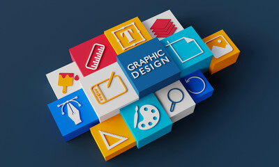 Graphic Design icons on dark background. 3DRendering