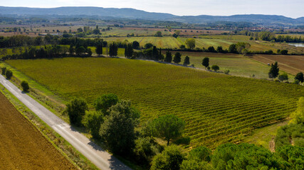 Fototapeta na wymiar Aerial view over cultivated fields in Tuscany, Italy.
