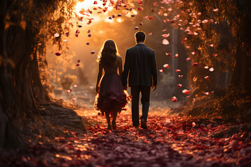 Walking Towards Love: Couple's Starting Point on the Rose Petal Path ai generated art