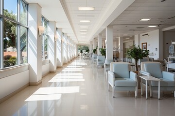 Empty modern hospital corridor, clinic hallway interior background with white chairs for patients waiting for doctor visit. Contemporary waiting room in medical office. Healthcare services concept - obrazy, fototapety, plakaty