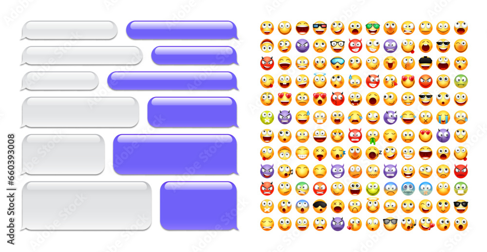 Poster blank message bubbles with emoji. violet chat or messenger speech bubble. sms text frame. short mess