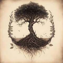 drawing of dark forest roots creating a border around norse mythology tree yggdrasilstudiesbyLeonardoDaVinci 