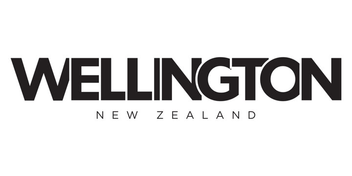 Wellington in the New Zealand emblem. The design features a geometric style, vector illustration with bold typography in a modern font. The graphic slogan lettering.