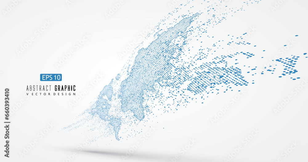 Poster world map in motion consisting of countless dots, vector illustration.