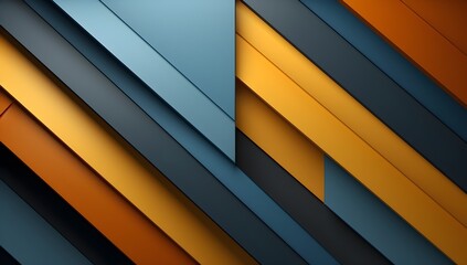 An orange-blue backdrop with pronounced lines, styled in dark navy and deep gray. The canvas texture is emphasized, with frequent use of diagonals. Color-blocked textiles, sharp edges