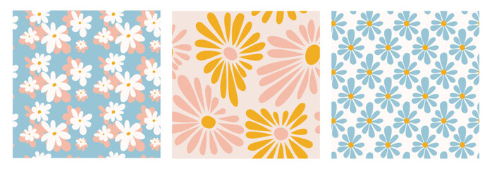 Fototapeta na wymiar Set 1970 style Seamless Pattern. Daisy Flowers. Seventies Style. Groovy Background. Flat Design.