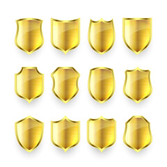 Set of various vintage 3d metal shield icons. Shiny golden heraldic shields. Black protection and security symbol, label. Vector illustration