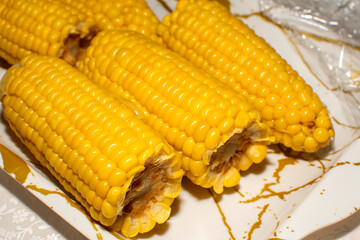 Closeup view of a boiled corn on the cob